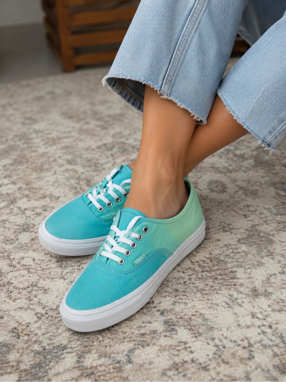 Vans Authentic Slim Classics Ombre Teal‎ Mint Canvas Sneakers Women 9 Men 7.5